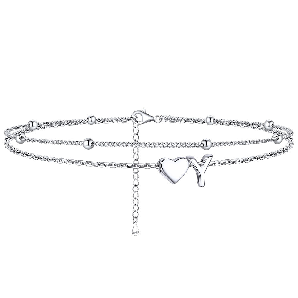 Sterling Silver Initial Heart Layered Anklet for