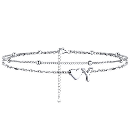 Sterling Silver Initial Heart Layered Anklet for