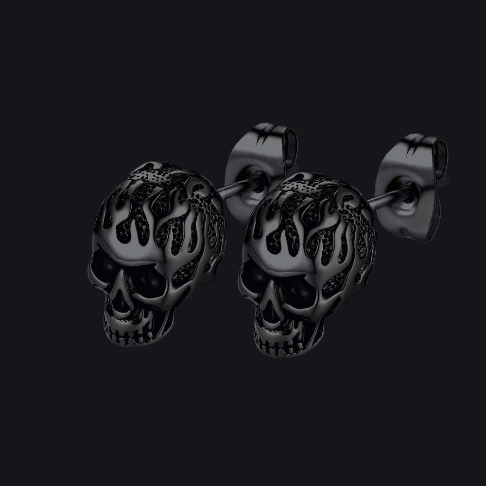 Gothic Flaming Skull Stud Earrings for