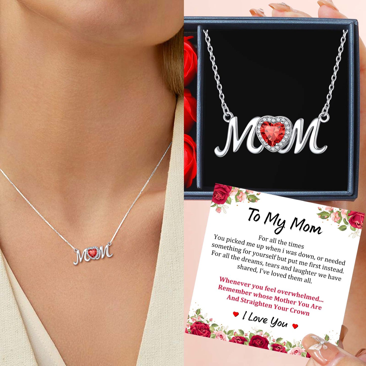 Sterling Silver Heart Birthstone Mom Necklace for