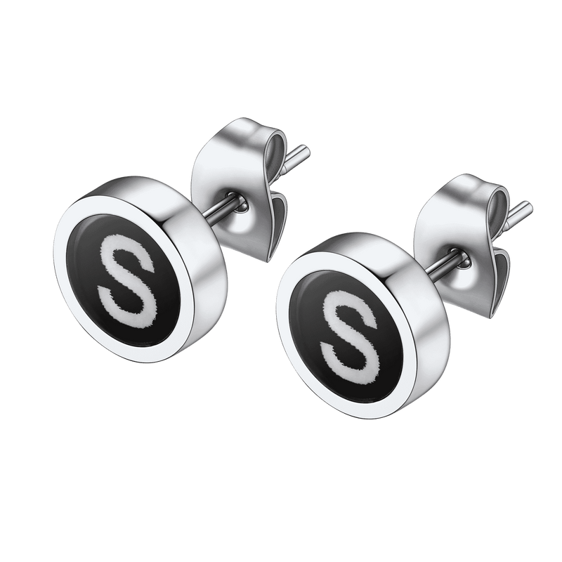 Personalized Black Enamel Initial Letter Stud Earrings for