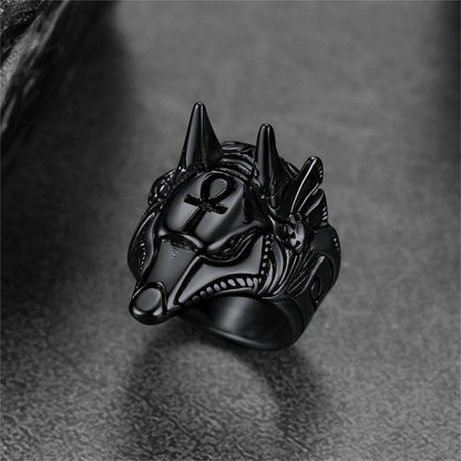 Ancient Egyptian Anubis Ring With Ankh Cross for