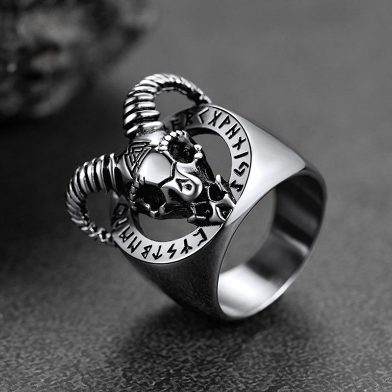 Satanic Goat Skull Ring With Viking Runes for