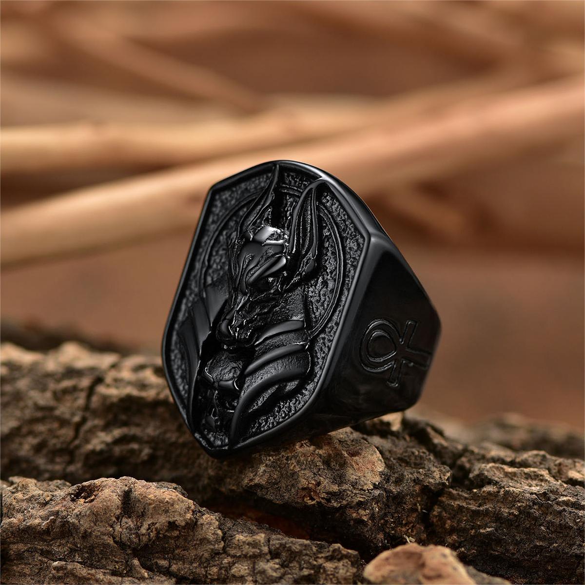 Ancient Egyptian Anubis Signet Ring With Ankh Cross for
