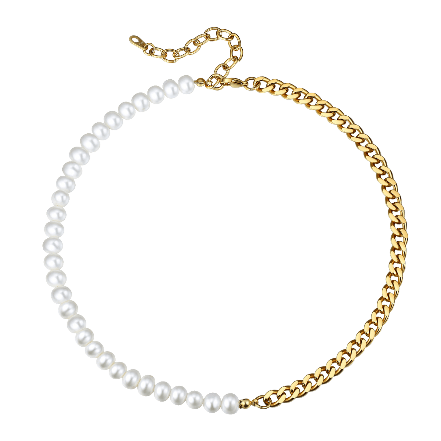 Half 8mm White Pearl and Half 7mm Cuban Link Chain Choker Necklace