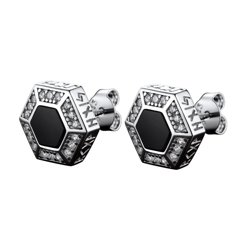 Viking Rune Hexagon Black Onyx Stud Earrings for