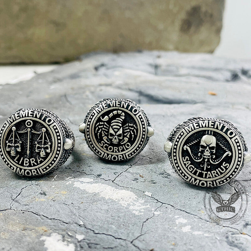 12 Constellations Zodiac Sign Sterling Silver Skull Ring