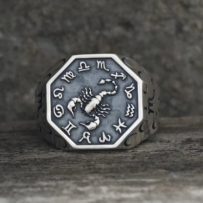 12 Constellations Zodiac Sterling Silver Octagonal Ring