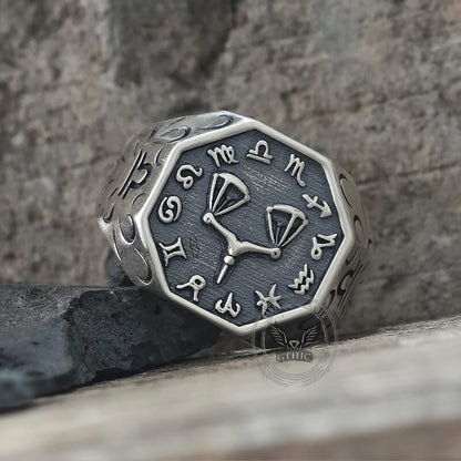 12 Constellations Zodiac Sterling Silver Octagonal Ring