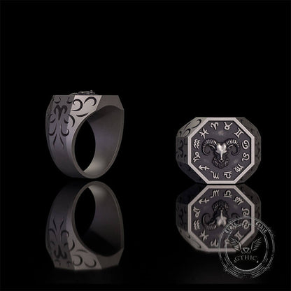 12 Constellations Zodiac Sterling Silver Octagonal Ring