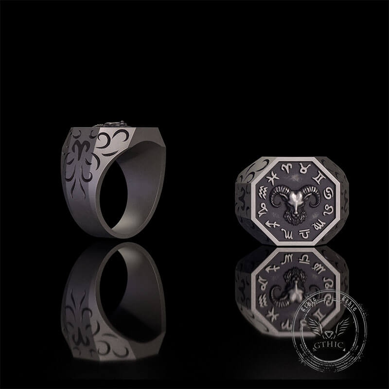 12 Constellations Zodiac Sterling Silver Octagonal Ring