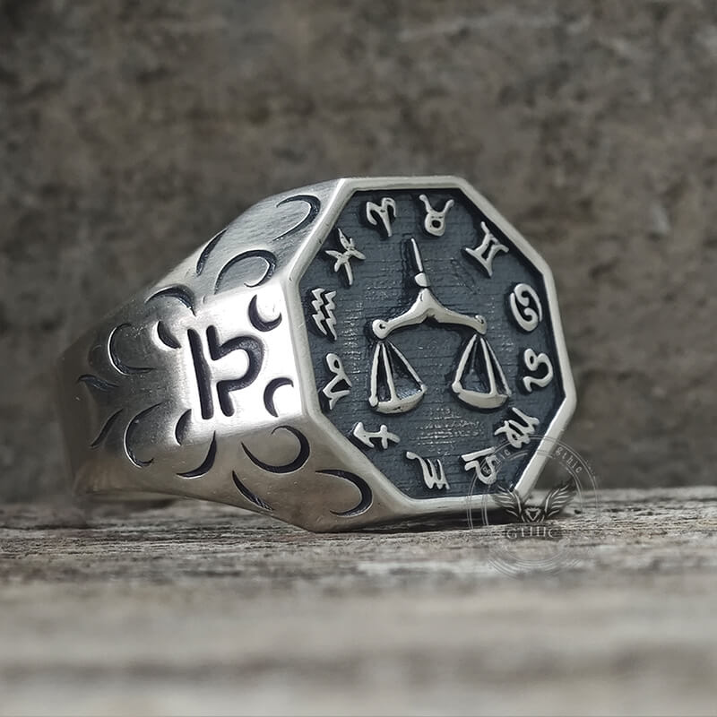 12 Constellations Zodiac Sterling Silver Octagonal Ring