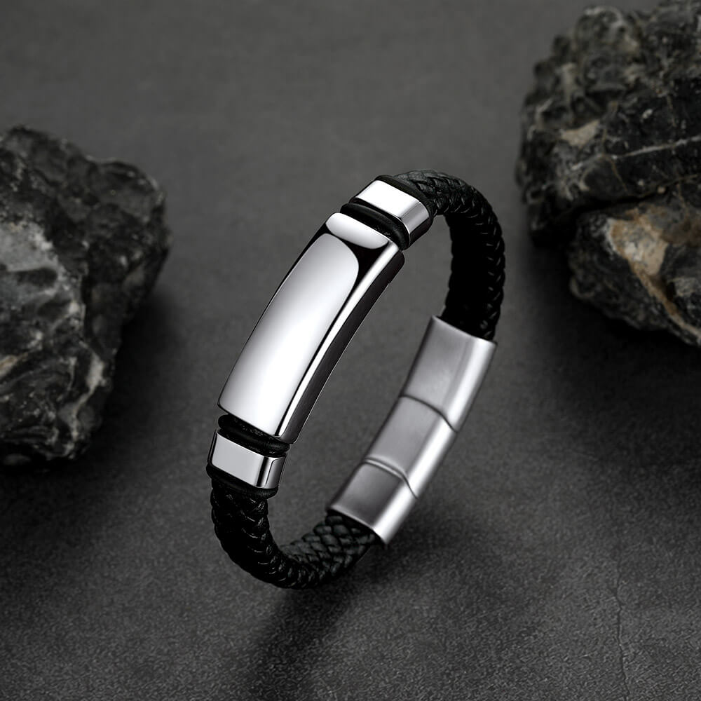 Custom Braided Black Engraved Leather Bracelet Cuff for