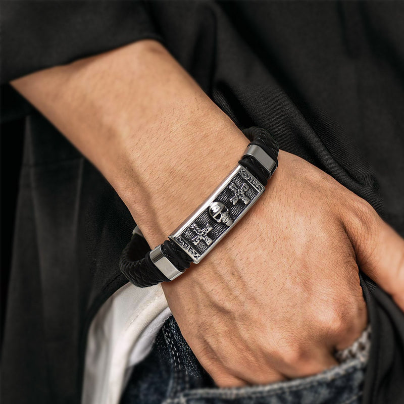 Gothic Black Skull Braided Leather Bracelet for Son Grandson