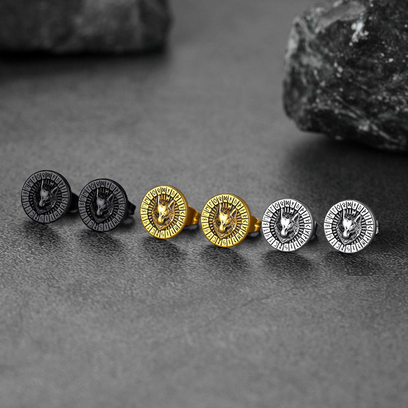 Viking Wolf Head Stud Earrings With Runes for