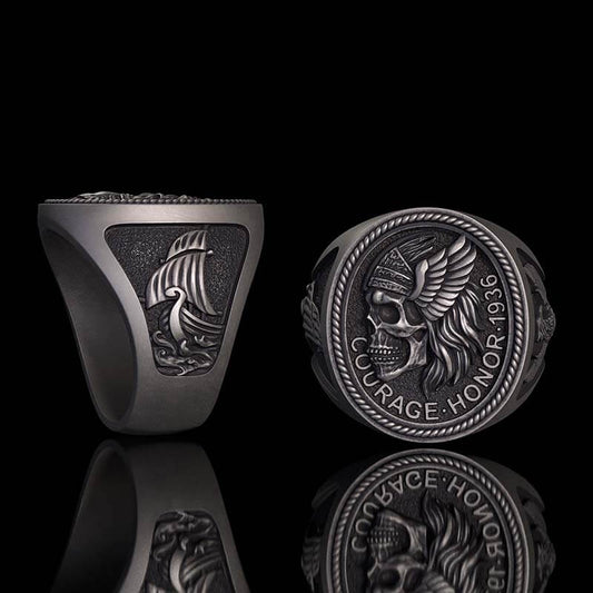 1936 Pirate Skull Sailboat Eagle Sterling Silver Ring