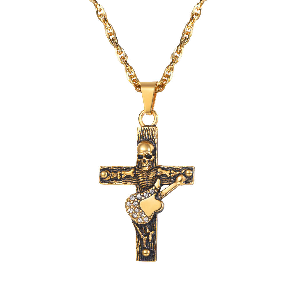 Punk Skull Guitar Cross Necklace for