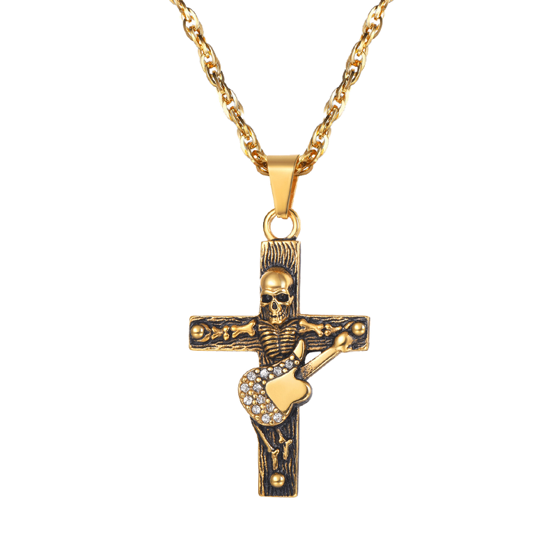Punk Skull Guitar Cross Necklace for