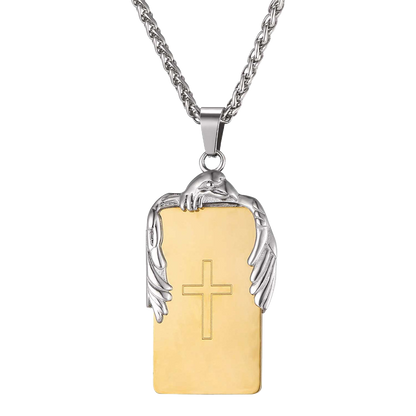 Christian Cross Necklace Dog Tag With Wing