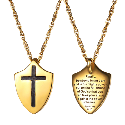 Christian Cross Shield Pendant Necklace With Ephesians 6:10 for