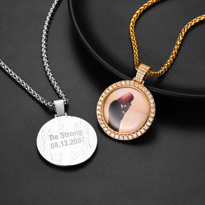 Customized Cubic Zircon Picture Circle Necklace Photo Pendant for