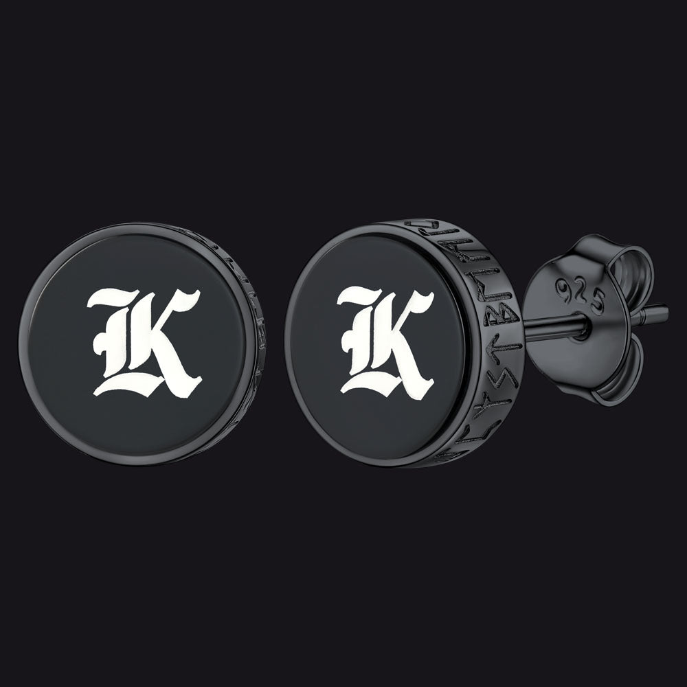 Engraved Black Onyx Stud Earrings With Viking Rune
