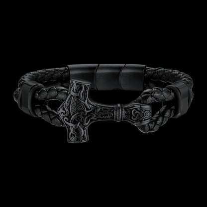 Viking Black Engraved Leather Braided Wristband Bracelet for