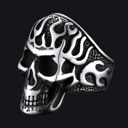 Gothic Fire Flaming Skull Stainless Steel Ring for