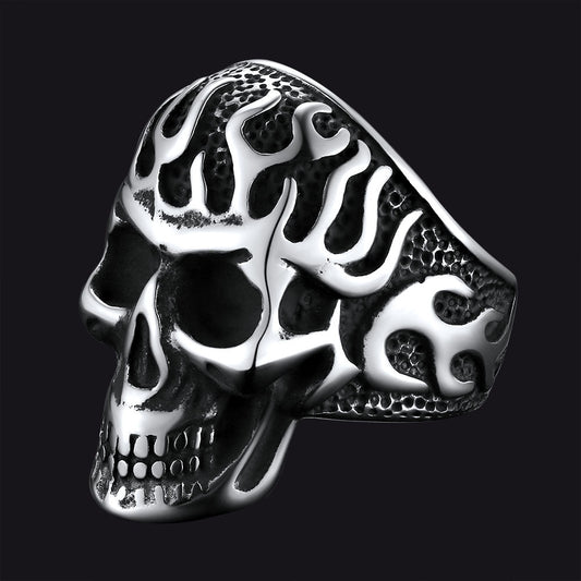 Gothic Fire Flaming Skull Stainless Steel Ring for
