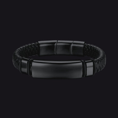 Custom Braided Black Engraved Leather Bracelet Cuff for