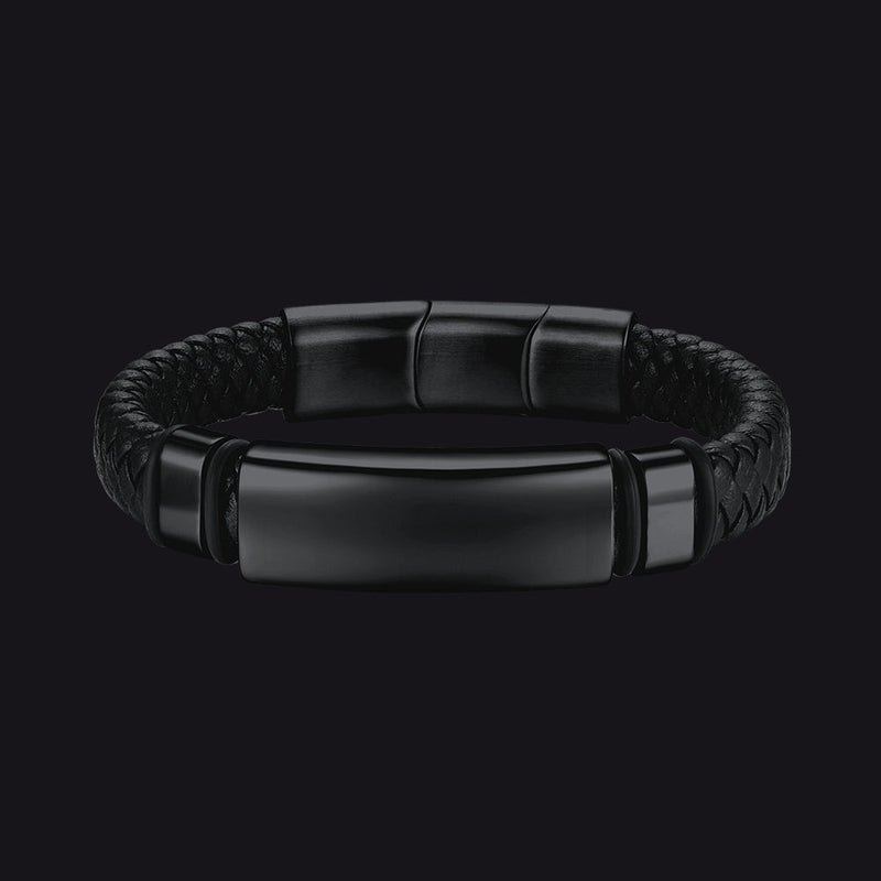 Custom Braided Black Engraved Leather Bracelet Cuff for