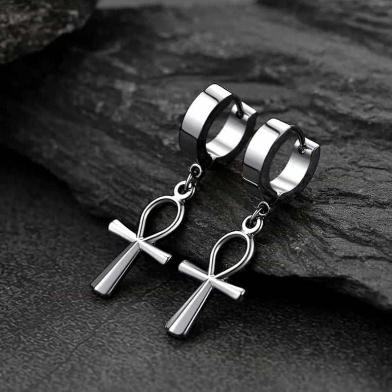 Ankh Cross Dangle Hoop Earrings for