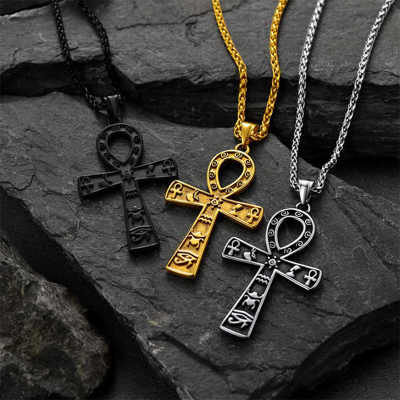 Egyptian Ankh Cross Necklace Pendant With Hieroglyphic for