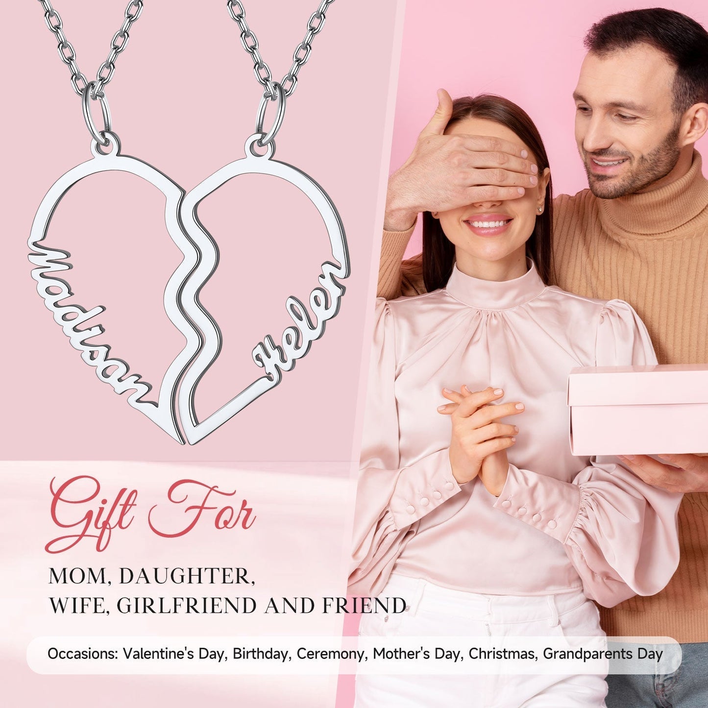 Custom Name Matching Heart Couple Necklaces Gift for Couple Mom Daughter