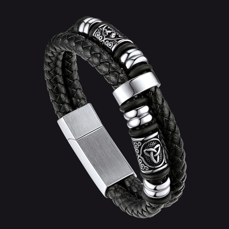 Viking Black Engraved Leather Braided Wristband Bracelet for