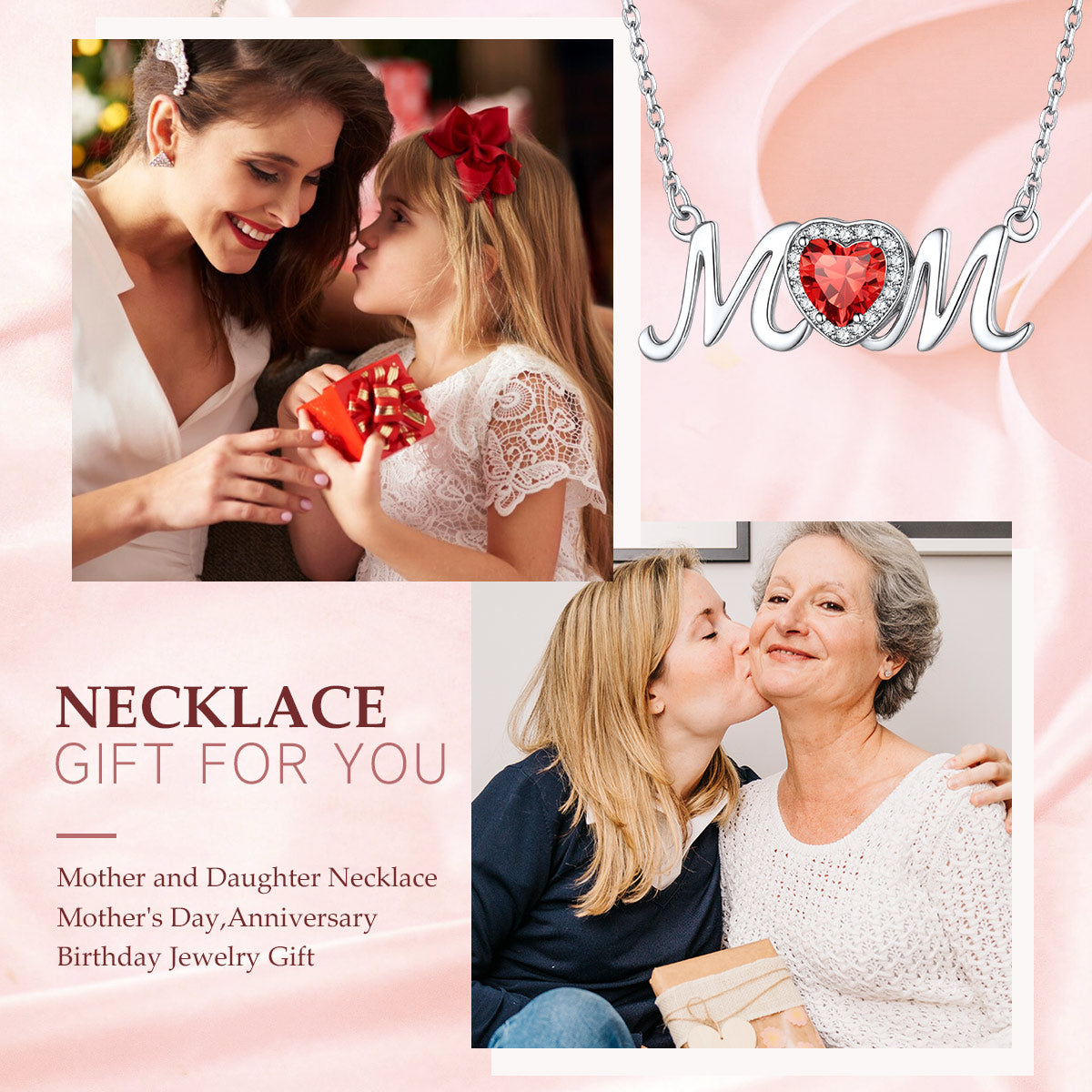 Sterling Silver Heart Birthstone Mom Necklace for
