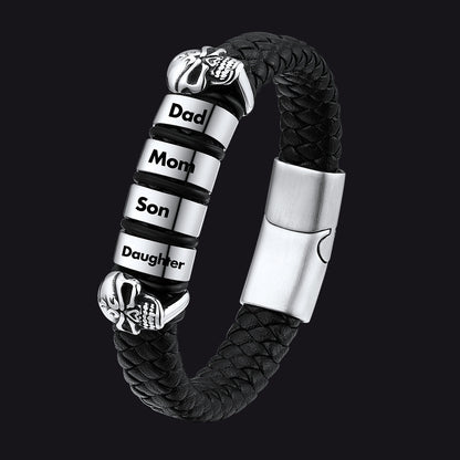 Personalized Name Beads Leather Bracelet With Skull for