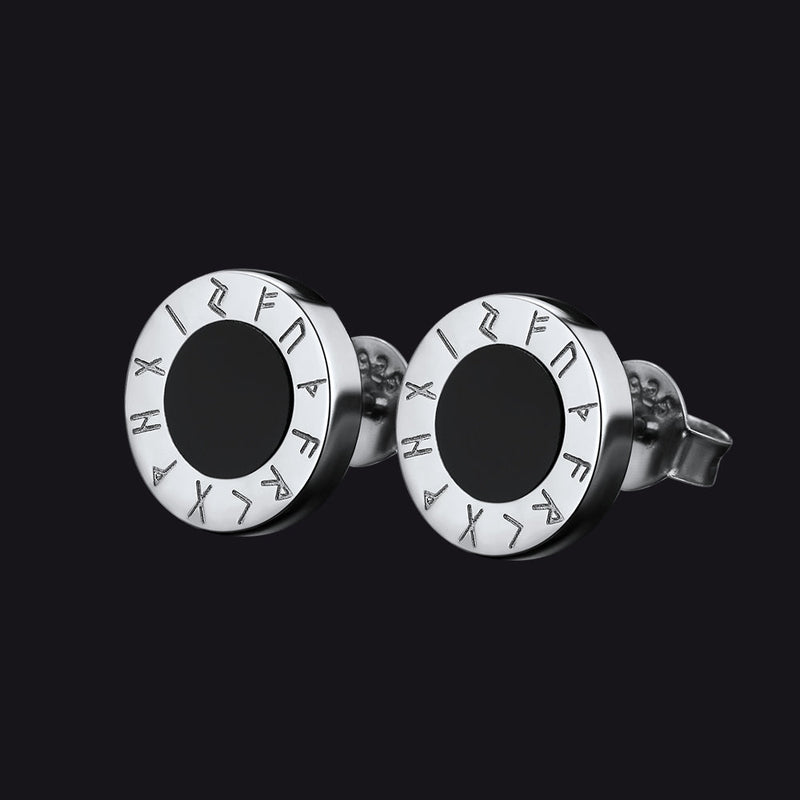 Black Onyx Stud Earrings With Viking Runes in Sterling Silver