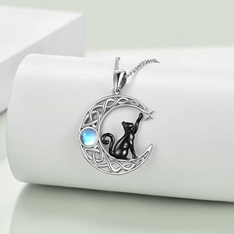 Black Cat Crescent Moonstone Necklace