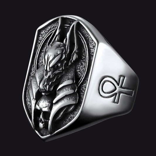 Ancient Egyptian Anubis Signet Ring With Ankh Cross for