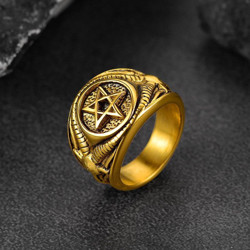 Satanic Goat Pentagram Ring Baphomet Ring for