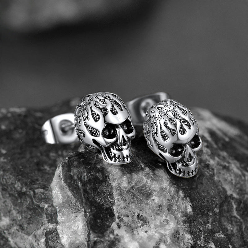 Gothic Flaming Skull Stud Earrings for