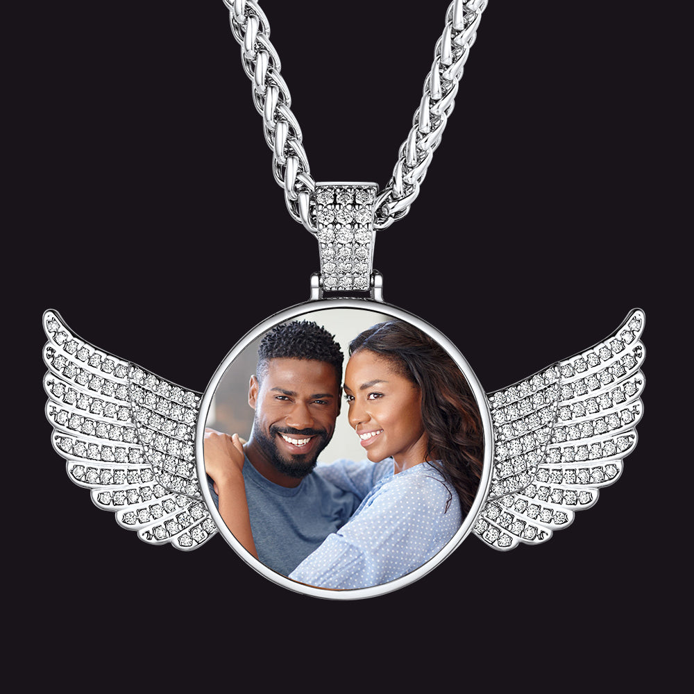Customized Picture Circle Chain Necklace With Angel Wing Memorial Gift for
