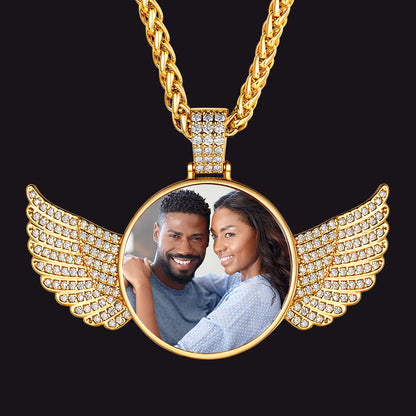 Customized Picture Circle Chain Necklace With Angel Wing Memorial Gift for