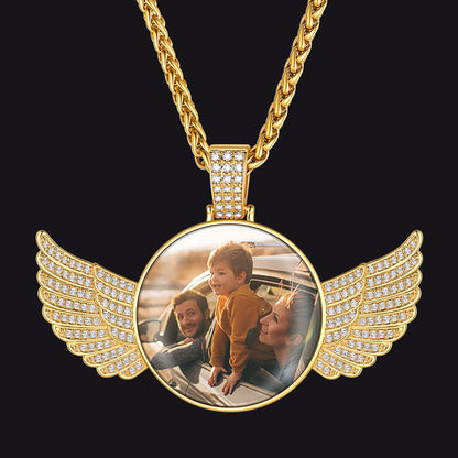 Customized Picture Circle Chain Necklace With Angel Wing Memorial Gift for