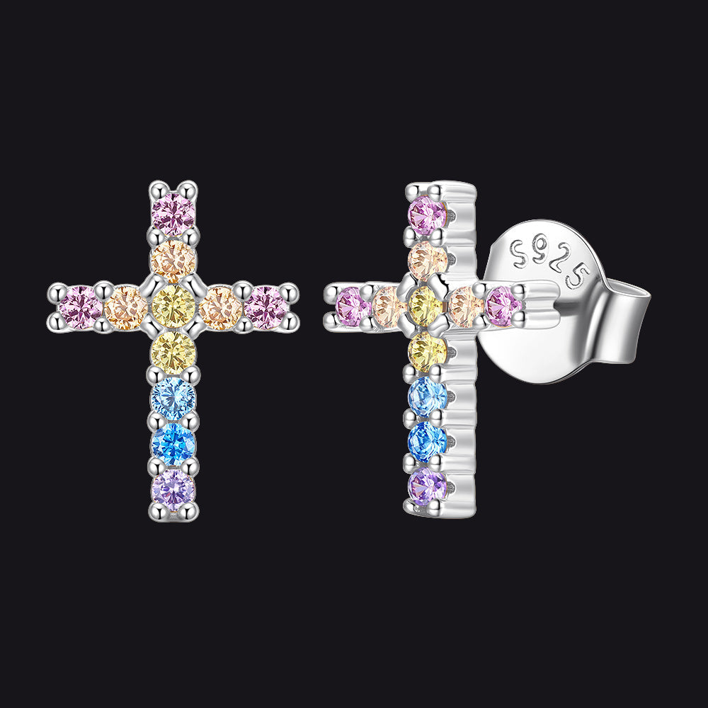 Sterling Silver Cross Stud Earrings for With Cz, Christian Jewelry 10mm