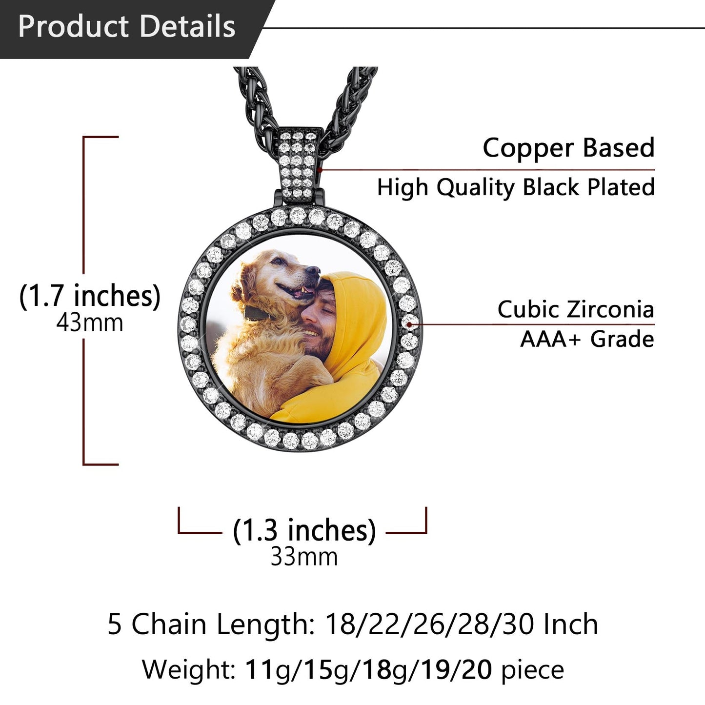Customized Cubic Zircon Picture Circle Necklace Photo Pendant for