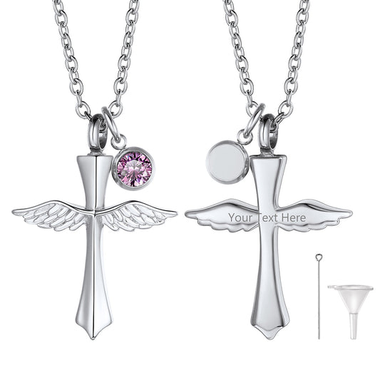 Custom Cremation Cross Wing Urn Ashes Necklace With Birthstone