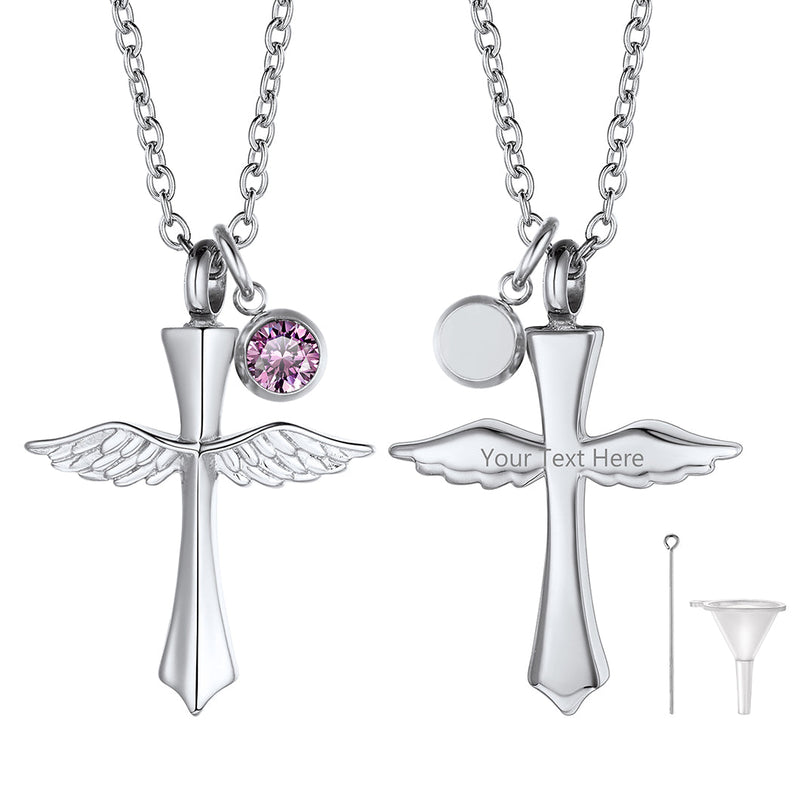 Custom Cremation Cross Wing Urn Ashes Necklace With Birthstone