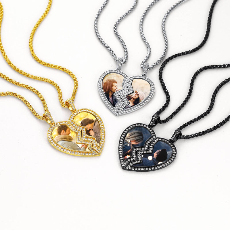 Customized Picture 2 Half Heart Matching Necklaces for Couple Bff